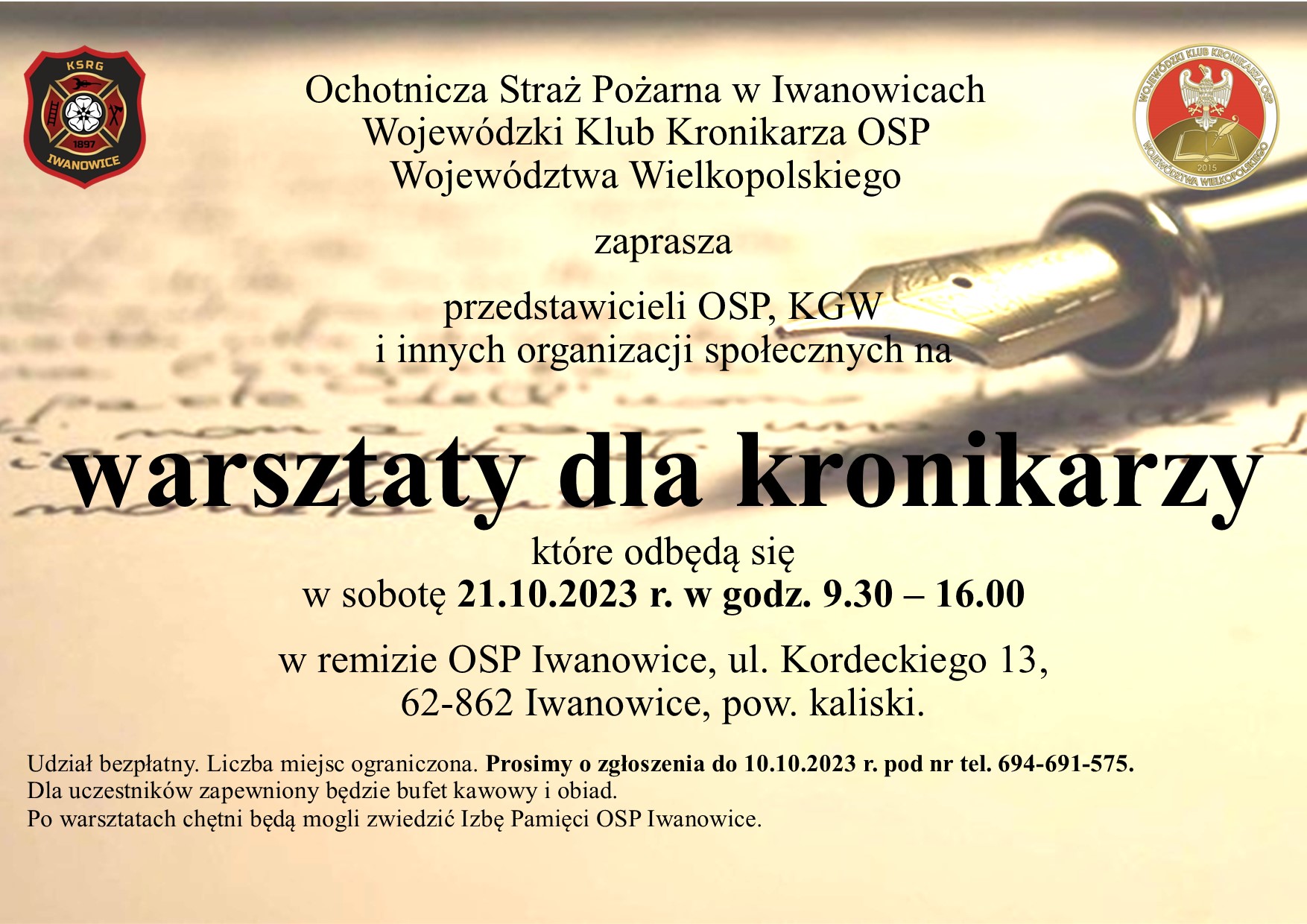 Zaproszenie na warsztaty dla kronikarzy w Iwanowicach w dn. 21.10.2023 r. w godz. 9.30 - 16.00