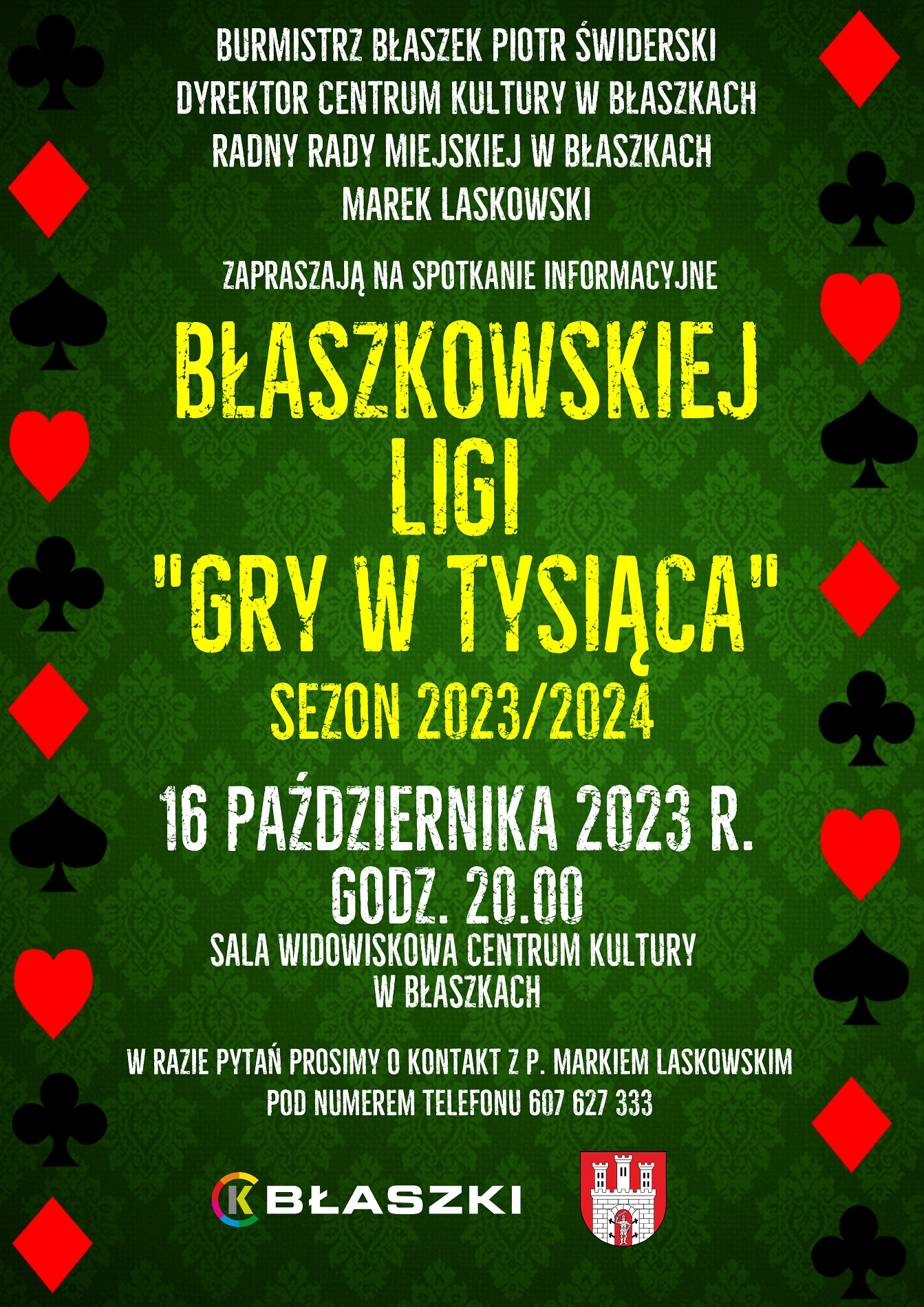Plakat informacyjny Błaszkowskiej Ligi Gry w Tysiąca o zebraniu 16.10.2023 o godz. 20.00
