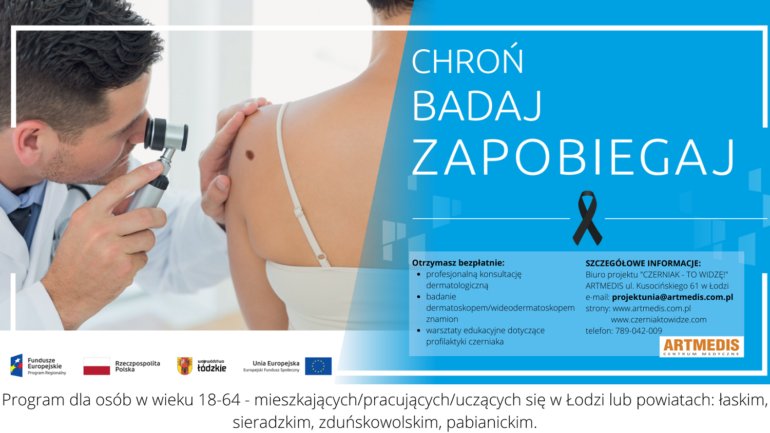 Plakat informacyjny o bezpłatnych badaniach i konsultacjach dotyczących czerniaka