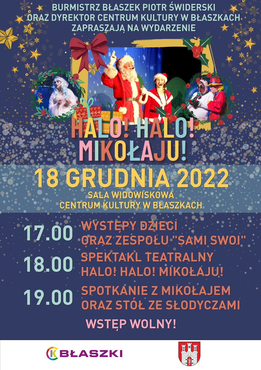 Plakat - zaproszenie na imprezę mikołajkową w Centrum Kultury w Błaszkach