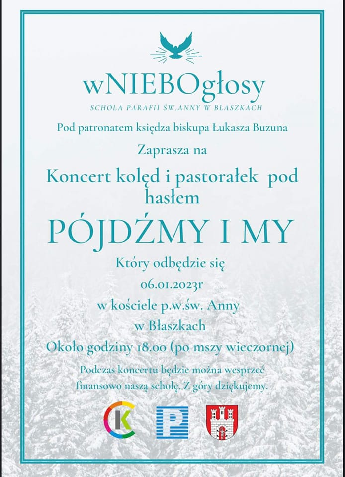 Plakat zaproszenie na koncert kolęd i pastorałek  6 stycznia 2023 r. po mszy wieczornej w kościele pw. św Anny w Błaszkach
