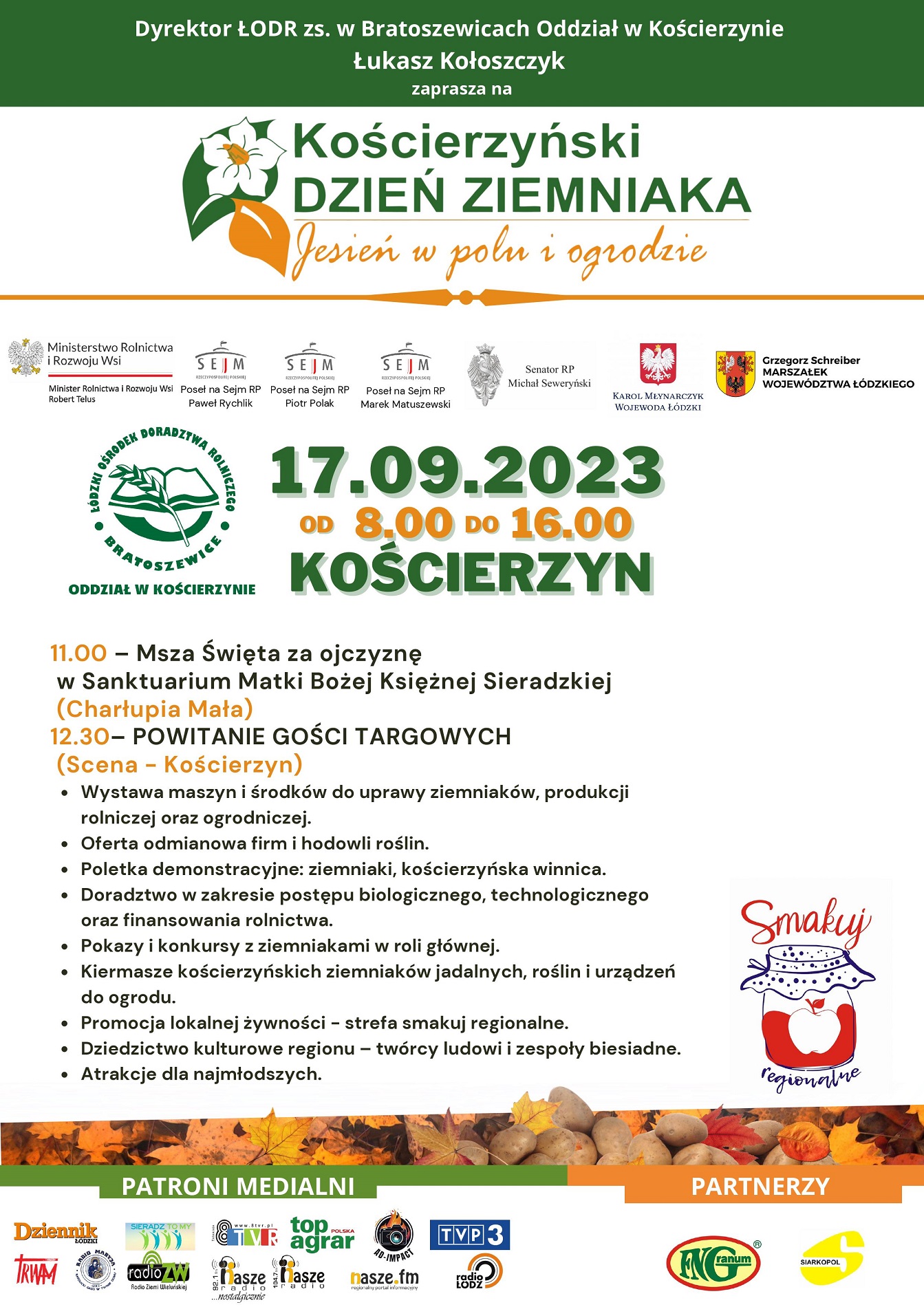 Plakat - zaproszenie na Kościerzyński Dzień Ziemniaka w dn. 17 września 2023 r od godz. 8.00